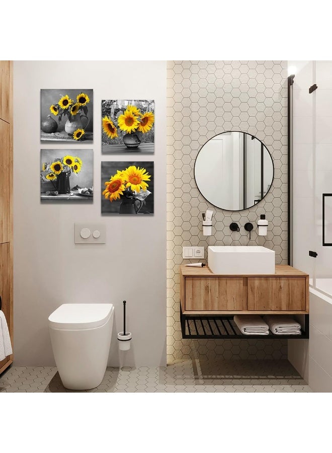 Artscope 4 Pieces Wall Art Canvas Prints - Sunflower and Gray Art Picture Painting- Modern Wall Artwork Framed for Bathroom Home Office Decor - 30 x 30 CM - Image 3