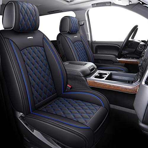 Aierxuan Seat Covers for 2007-2025 GMC Sierra Chevy Chevrolet Silverado 1500 2500HD 3500HD Trail Boss Z71 Crew Double Extended Cab Waterproof Leather Truck Pickup Cuchion(Full Set, Black-Blue) - Image 1