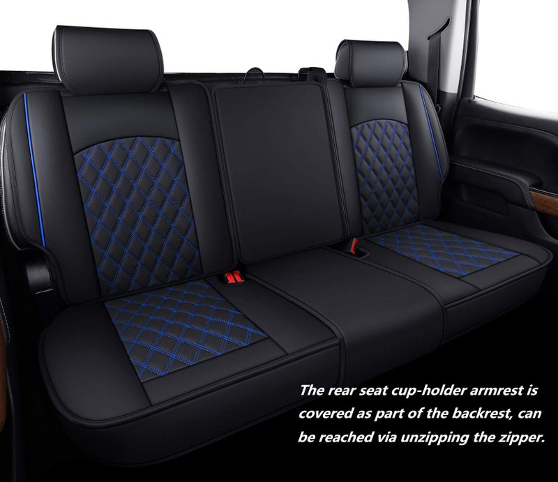 Aierxuan Seat Covers for 2007-2025 GMC Sierra Chevy Chevrolet Silverado 1500 2500HD 3500HD Trail Boss Z71 Crew Double Extended Cab Waterproof Leather Truck Pickup Cuchion(Full Set, Black-Blue) - Image 3