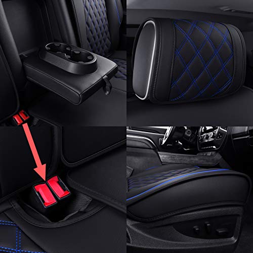 Aierxuan Seat Covers for 2007-2025 GMC Sierra Chevy Chevrolet Silverado 1500 2500HD 3500HD Trail Boss Z71 Crew Double Extended Cab Waterproof Leather Truck Pickup Cuchion(Full Set, Black-Blue) - Image 5