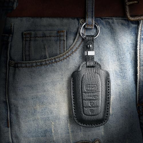 Jayanes Genuine Leather Key Fob Cover Compatible with Toyota 2025 Camry and 2022+ Corolla Crown Tundra Land Cruiser Venza Tundra Grand Highlander, Key Case with Keychain & Lanyard (4 Buttons, Black) - Image 5