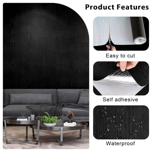 Vinjiasin Black Wallpaper Wood Grain Contact Paper Peel and Stick Wall Paper Waterproof Self Adhesive Thickened Vinyl Wrap for Countertops Cabinets Desk Decorative Film Easy to Clean 15.7" x 196.8" - Image 4
