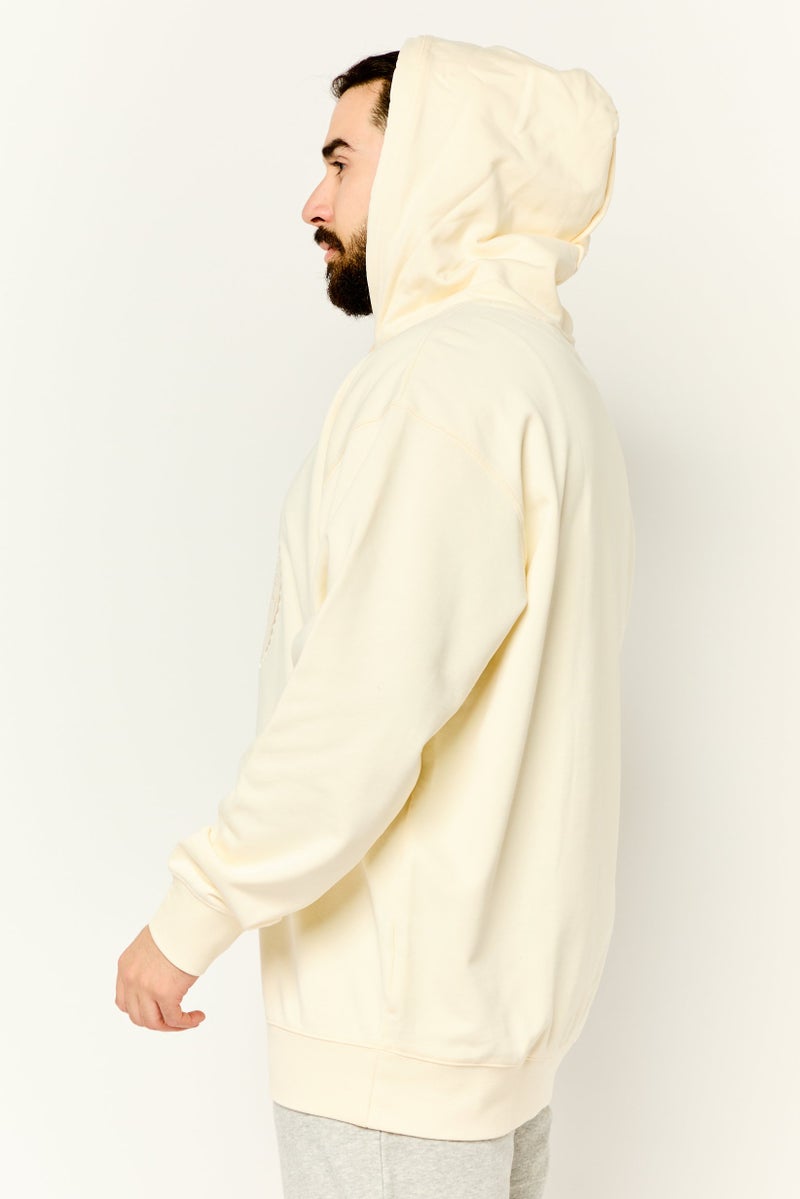 Men Embroidered Logo Long Sleeve Hoodie, Cream