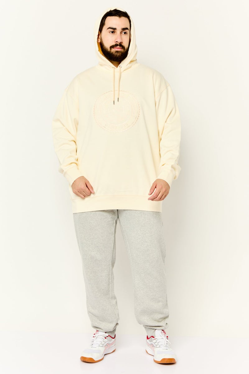 Men Embroidered Logo Long Sleeve Hoodie, Cream