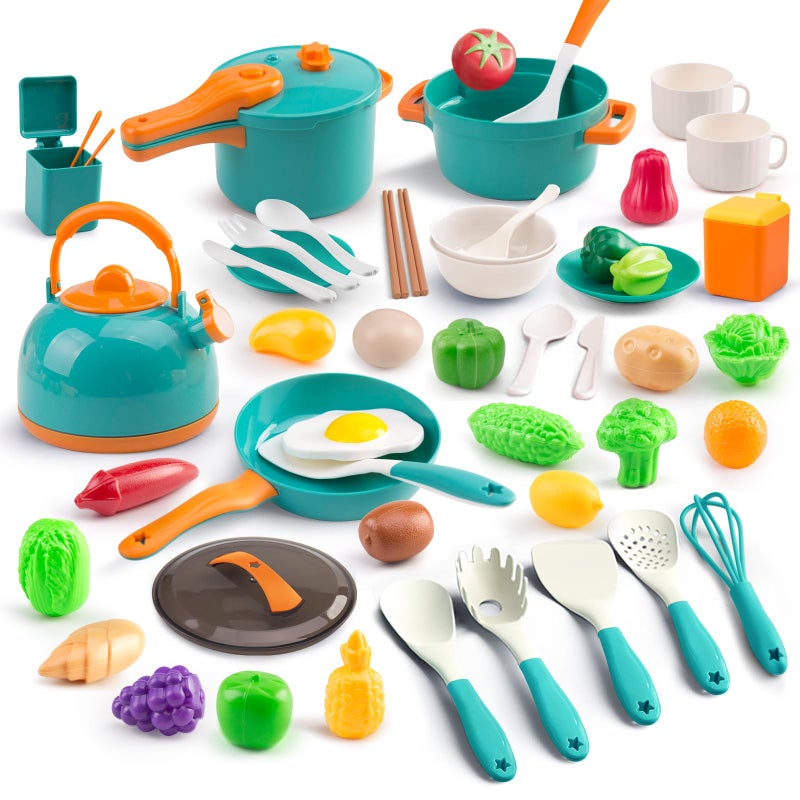 Zero Zoo 60Pcs Kids Mini Play Kitchen Accessories Pretend Cooking Play Set with Cookware Tableware Fruit BBQ Sets Learning Gift for Boys Girls ToddlersGreen - Image 3