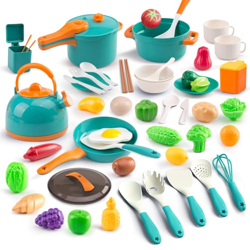 Zero Zoo 60Pcs Kids Mini Play Kitchen Accessories Pretend Cooking Play Set with Cookware Tableware Fruit BBQ Sets Learning Gift for Boys Girls ToddlersGreen - Image 1