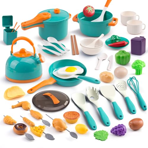 Zero Zoo 60Pcs Kids Mini Play Kitchen Accessories Pretend Cooking Play Set with Cookware Tableware Fruit BBQ Sets Learning Gift for Boys Girls ToddlersGreen - Image 5