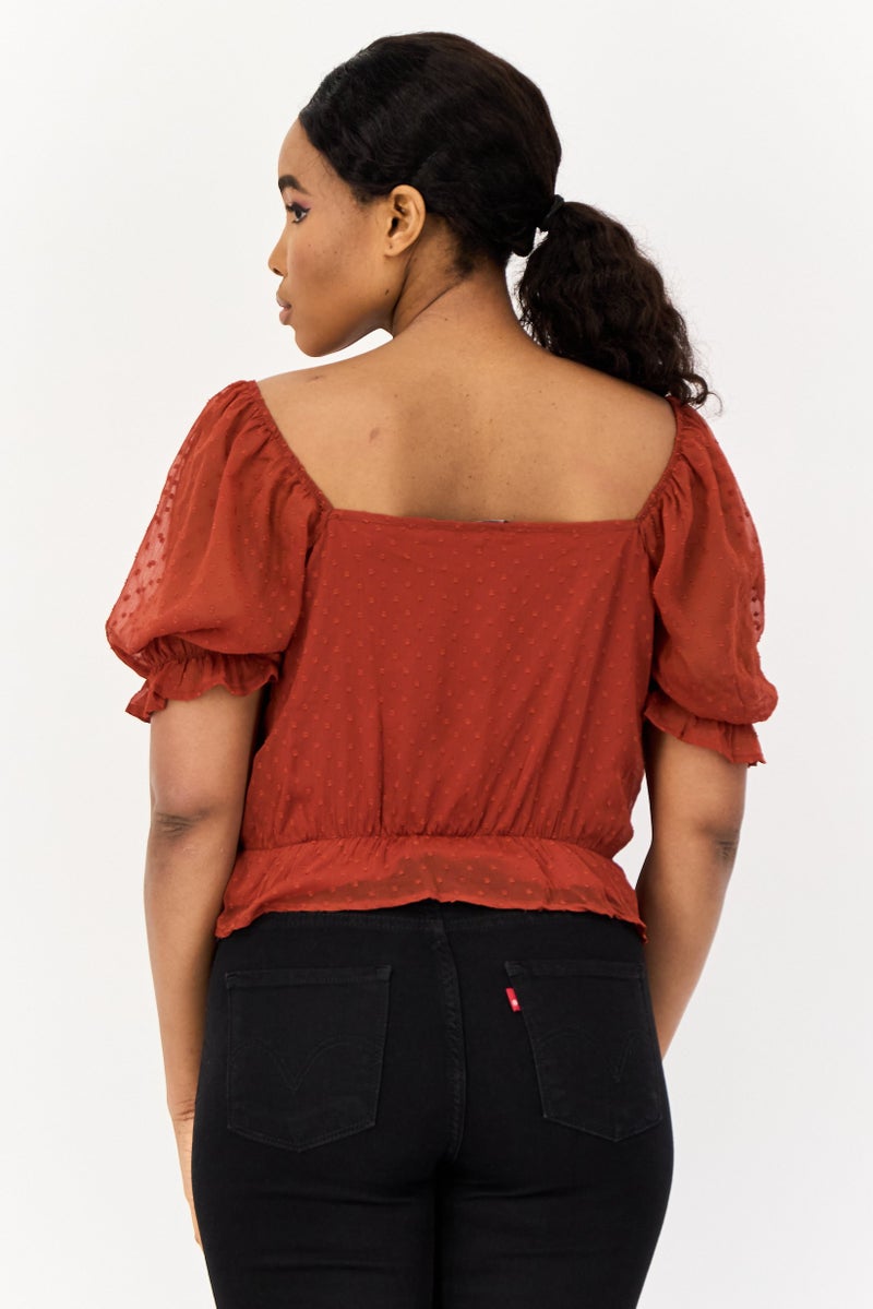 ONLY بلوزة نسائية بأكمام قصيرة وياقة مربعة، مارون - Image 4