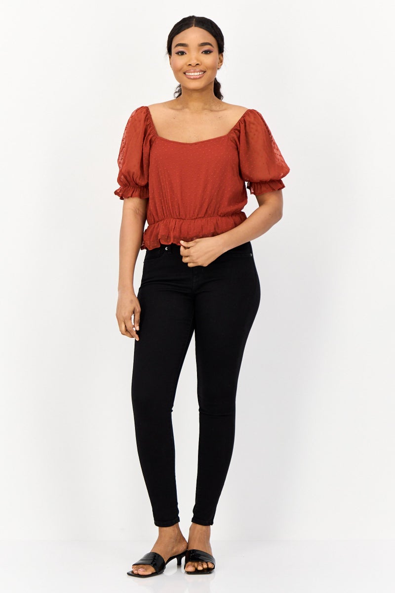 ONLY بلوزة نسائية بأكمام قصيرة وياقة مربعة، مارون - Image 3