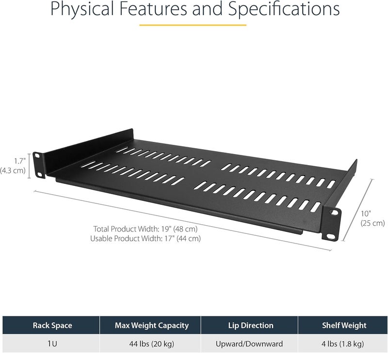 StarTech 2-Pack 1U Server Rack Shelf, Vented Rackmount Cantilever Tray for 19" Network Rack or Cabinet, Heavy-Duty 10" (25cm) Deep, Up to 44lb (20kg) Each - Image 2