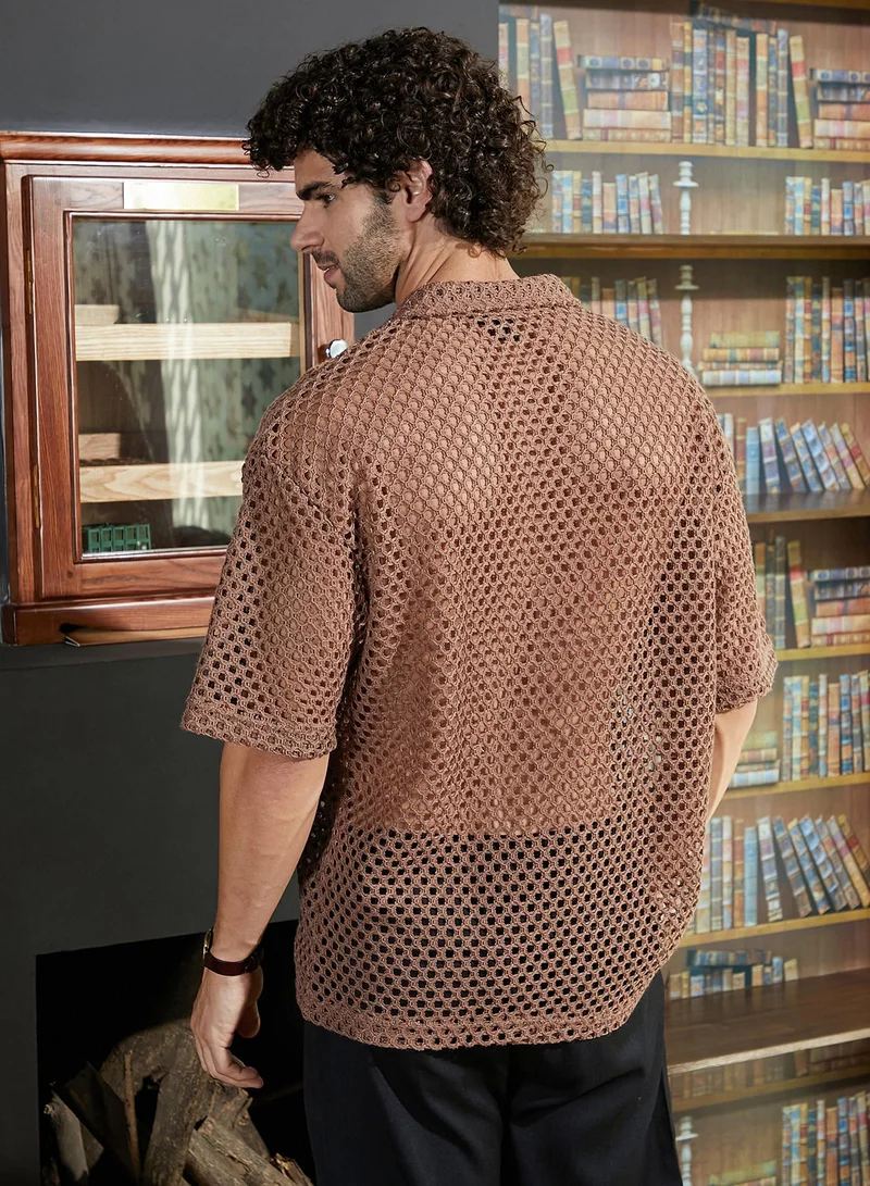 كامبوس سوترا Men's Camel Brown Open-Knit Resort Oversized Shirt
