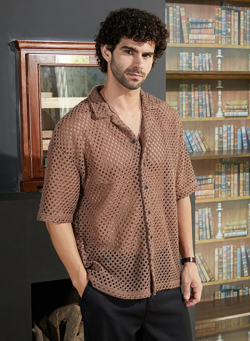 كامبوس سوترا Men's Camel Brown Open-Knit Resort Oversized Shirt