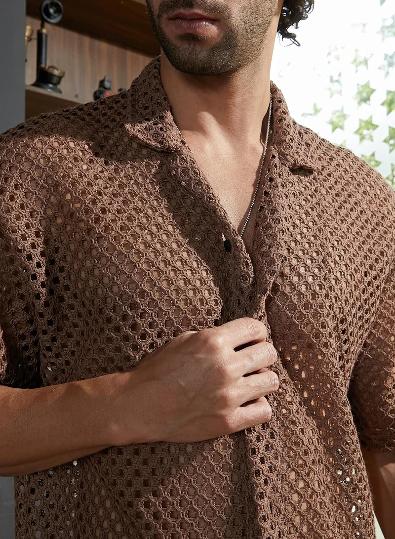 كامبوس سوترا Men's Camel Brown Open-Knit Resort Oversized Shirt