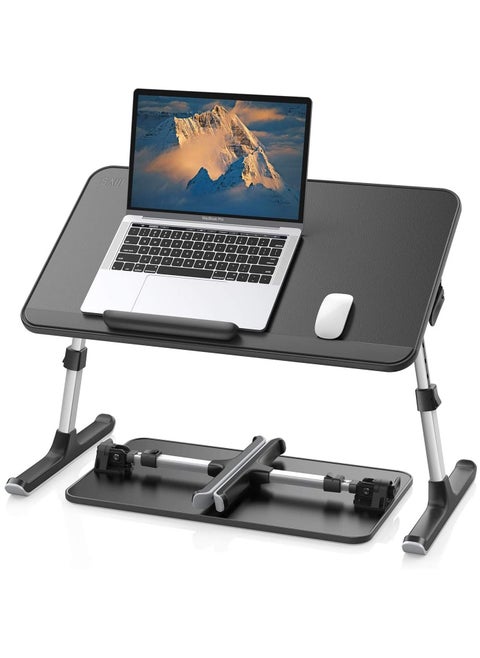SAIJI Leather Laptop Bed Tray Table Adjustable Laptop Stand with Removable Stopper and Foldable Legs, Compact