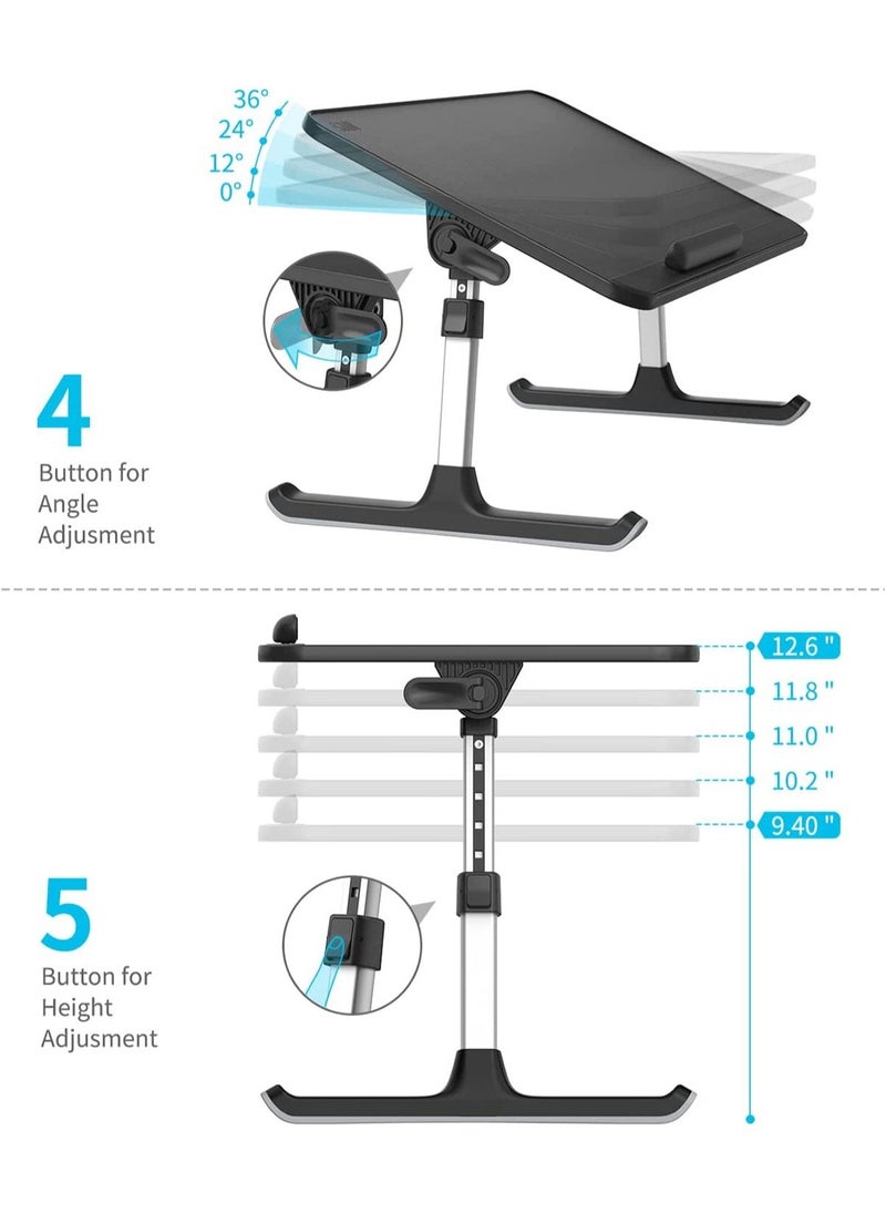 SAIJI Leather Laptop Bed Tray Table Adjustable Laptop Stand with Removable Stopper and Foldable Legs, Compact