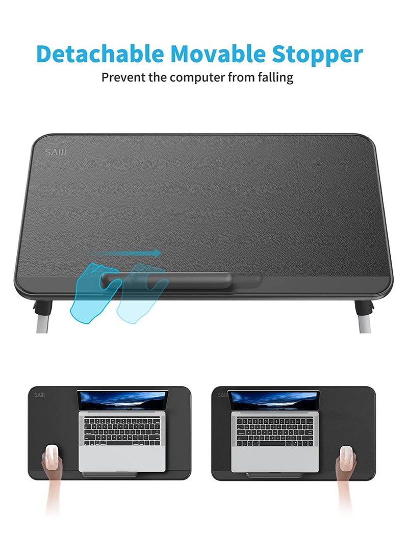 SAIJI Leather Laptop Bed Tray Table Adjustable Laptop Stand with Removable Stopper and Foldable Legs, Compact