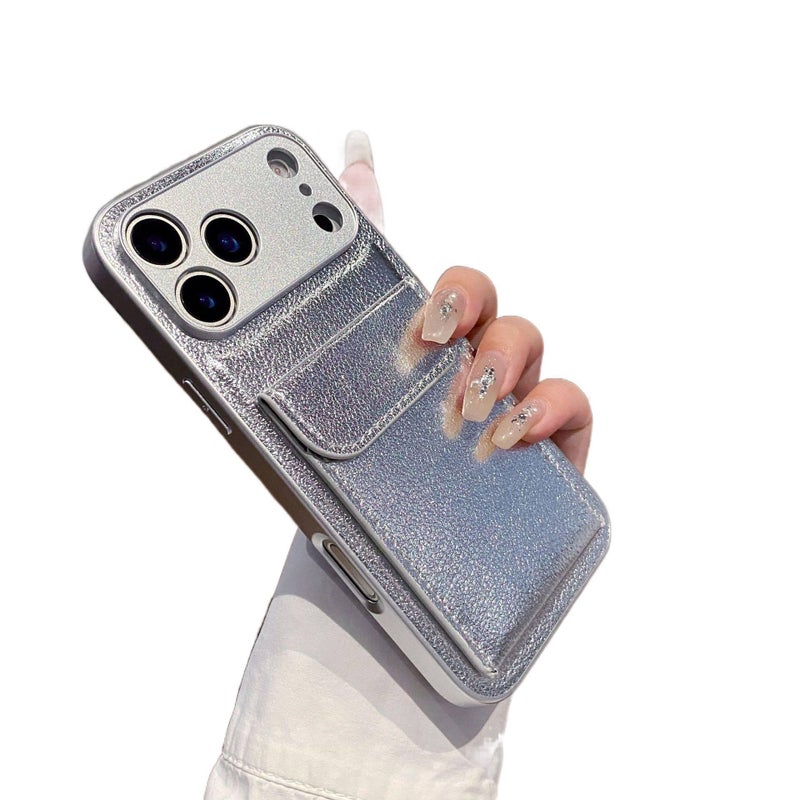 MS Leather Texture Protective Case for iPhone 16 / 16 Plus / 16 Pro / 16 Pro Max with Card Holder and Drop Protection plus Shockproof plus Anti-Fingerprint plus Kickstand in Silver - Image 1