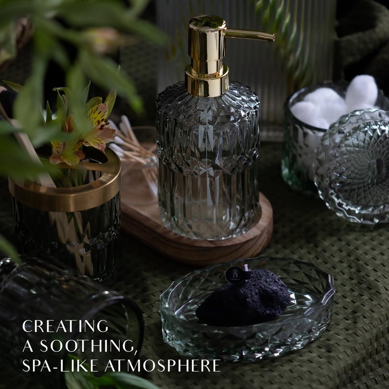 EMPO 6PCS Bathroom Clear Glass Accessories Set (Lotion Soap Dispenser, Soap Dish, Toothbrush Holder, Tumbler, Cotton Swab Jar), Contemporary Modern Decor Crystal Vintage Gift (6pcs Green) - Image 5