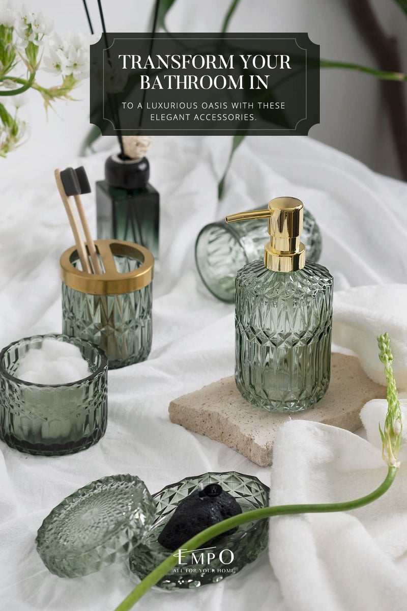 EMPO 6PCS Bathroom Clear Glass Accessories Set (Lotion Soap Dispenser, Soap Dish, Toothbrush Holder, Tumbler, Cotton Swab Jar), Contemporary Modern Decor Crystal Vintage Gift (6pcs Green) - Image 2