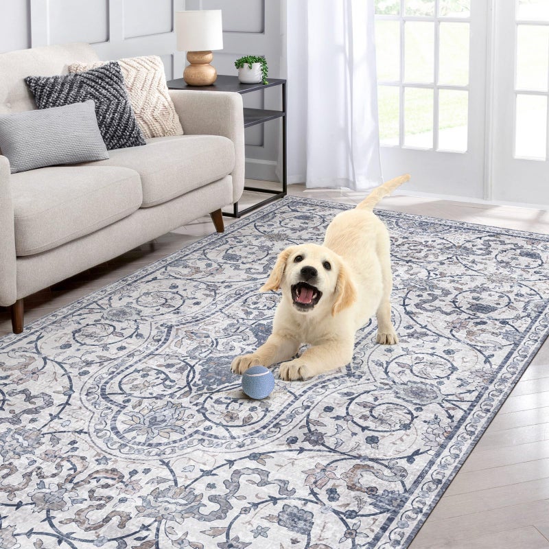 KEYDOL 4x6 Durable Vinyl Rugs for Living Room, Vintage Floral Pattern for Dining Room, Bedroom, Home Office, Bobo Blue Non-Slip Large Rugs for Indoor&Outdoor RV, Deck, Backyard, Balcony, Modern Home Decor - Image 1