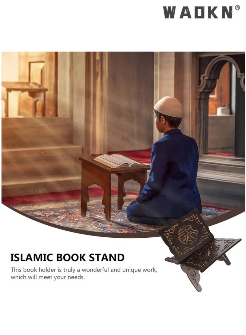 دبليو أيه أو كي أن قاعدة القرآن المنحوتة الخشبية ، حامل الكتاب المقدس القابل للفصل ، رف الكتب الزخرفية الإسلامية للصلاة المسلمة ، عيد رمضان ، المنزل والمكتب ، أسود ، 25 × 20.5 × 17 سم - Image 2