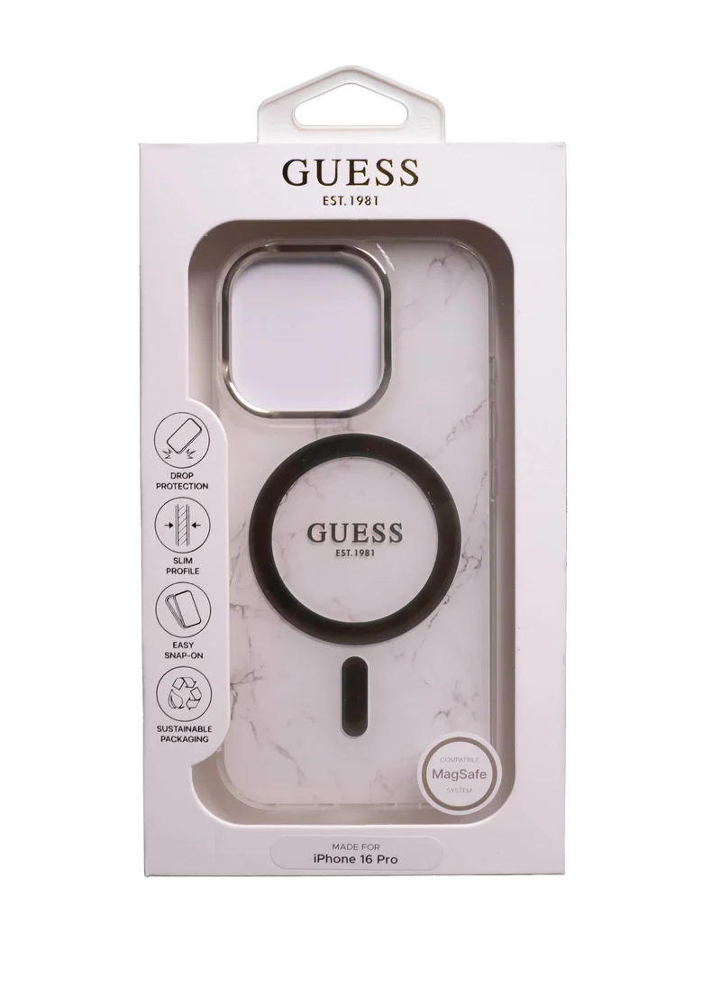 GUESS MagSafe IML Hard Case with Marble Design For iPhone 16 Pro / Comfortable Grip / Easy Snap-On / Precise Port Cutouts - White