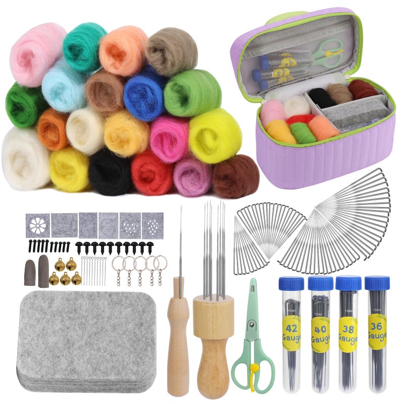 SOCNITC 20 Colors Needle Felting Kits for Beginners, Needle Supplies Kits with Tools,Wool Roving Set, Needle Felting Tools Kit with Needles, Felting Pad for DIY Handcrafts Decoration - Image 1