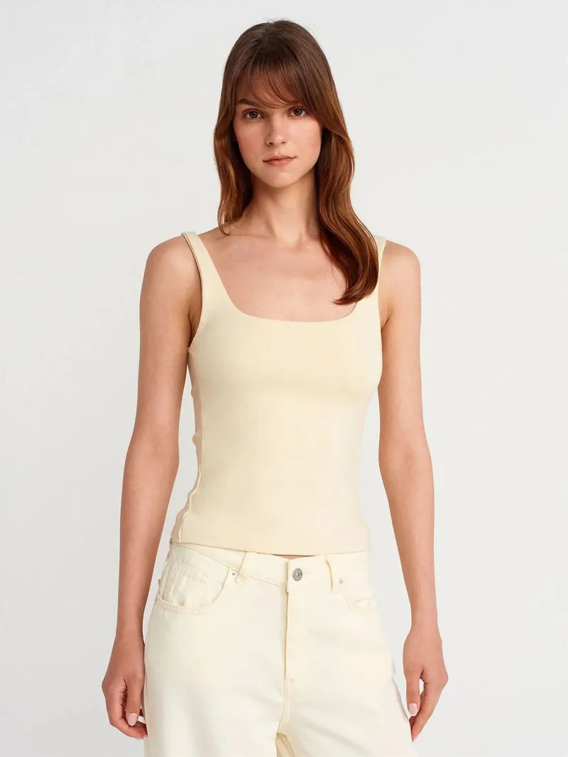 Dilvin DILVIN Ribbed Square-neck Sleeveless Blouse