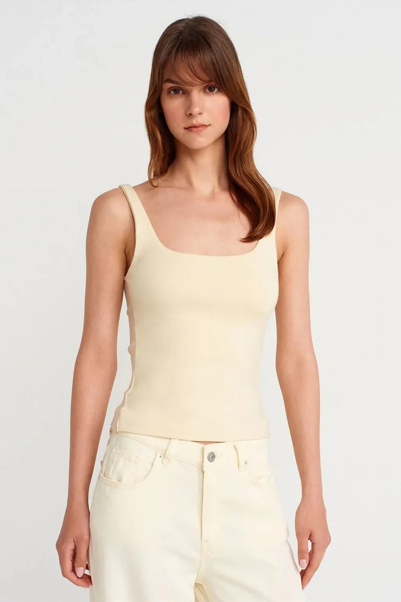 DILVIN Ribbed Square-neck Sleeveless Blouse
