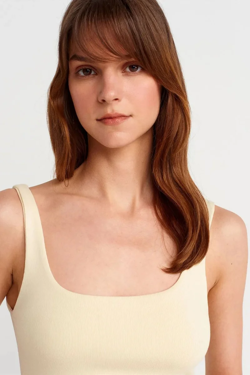 Dilvin Cream Natural DILVIN Ribbed Square-neck Sleeveless Blouse for Women | Best Price UAE