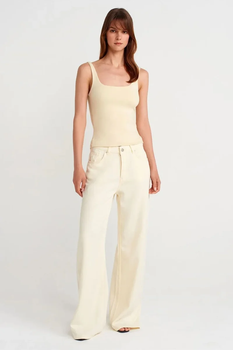 Dilvin Cream Natural DILVIN Ribbed Square-neck Sleeveless Blouse for Women | Best Price UAE