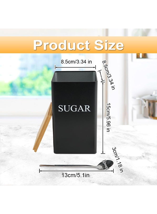 بوفان مجموعة من 3 علب شاي وقهوة وسكر، علبة معدنية سوداء لتخزين الطعام مع 3 ملاعق، علب حديدية مقاومة للصدأ مطلية بمسحوق لتنظيم سطح عمل المطبخ (أسود) - Image 2