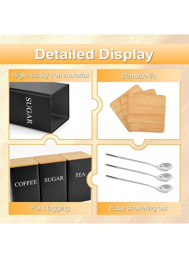 بوفان مجموعة من 3 علب شاي وقهوة وسكر، علبة معدنية سوداء لتخزين الطعام مع 3 ملاعق، علب حديدية مقاومة للصدأ مطلية بمسحوق لتنظيم سطح عمل المطبخ (أسود) - Image 3