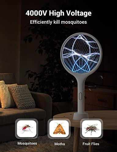 YISSVIC Electric Fly Swatter 4000V Bug Zapper Racket Dual Modes Mosquito Killer with Purple Mosquito Light Rechargeable for Indoor Home Office Backyard Patio Camping (White 2 Pack) - Image 2