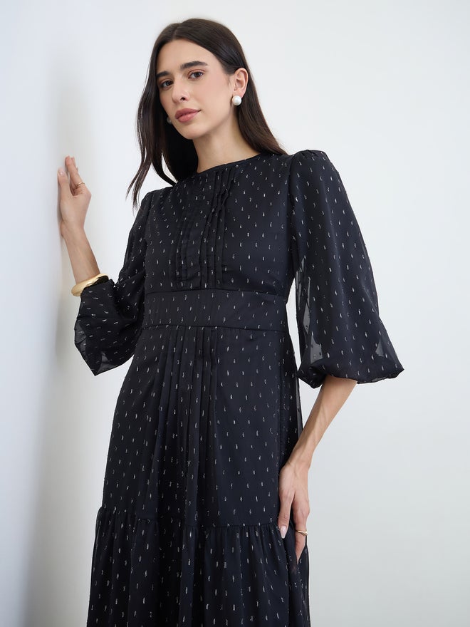 Styli Black Lurex Dobby 3/4 Sleeves Tiered Maxi Dress - Image 1