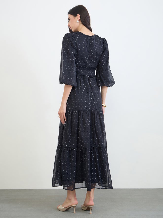 Styli Black Lurex Dobby 3/4 Sleeves Tiered Maxi Dress - Image 5