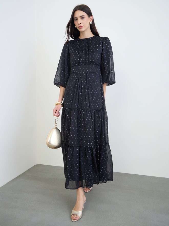 Styli Black Lurex Dobby 3/4 Sleeves Tiered Maxi Dress - Image 2