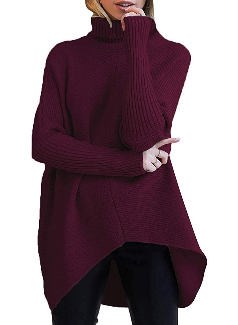 NIBEMINENT Women Knit Sweaters Full Sleeve Turtleneck Irregular Pullover Jumpers Casual Solid Sweater Splice Elegant Lady Autumn Winter - Image 1