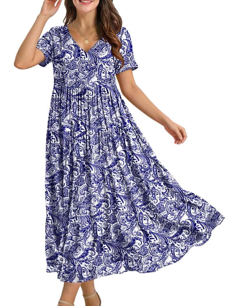YESNO Women's Summer Maxi Dresses Casual Floral Short Sleeve V Neck Boho Beach Vacation Swing Dress with Pockets 2XL EVF CR148 - Image 1