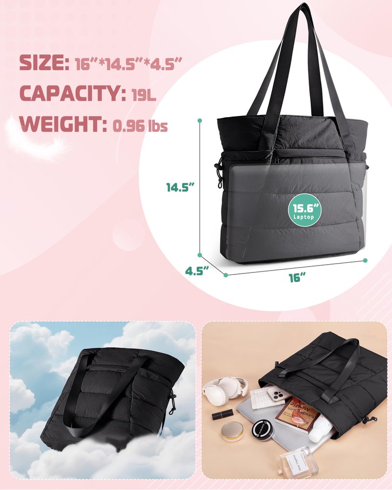 Smasrob Puffer Tote Bag for Women, Lightweight Tote Bag for Work and School, Black - Image 4