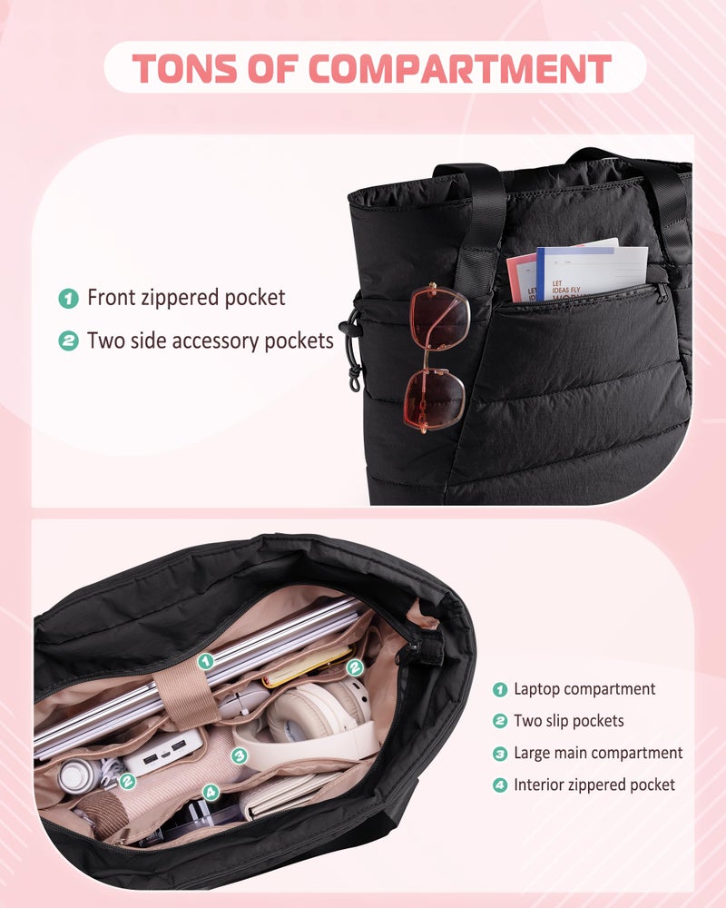 Smasrob Puffer Tote Bag for Women, Lightweight Tote Bag for Work and School, Black - Image 2