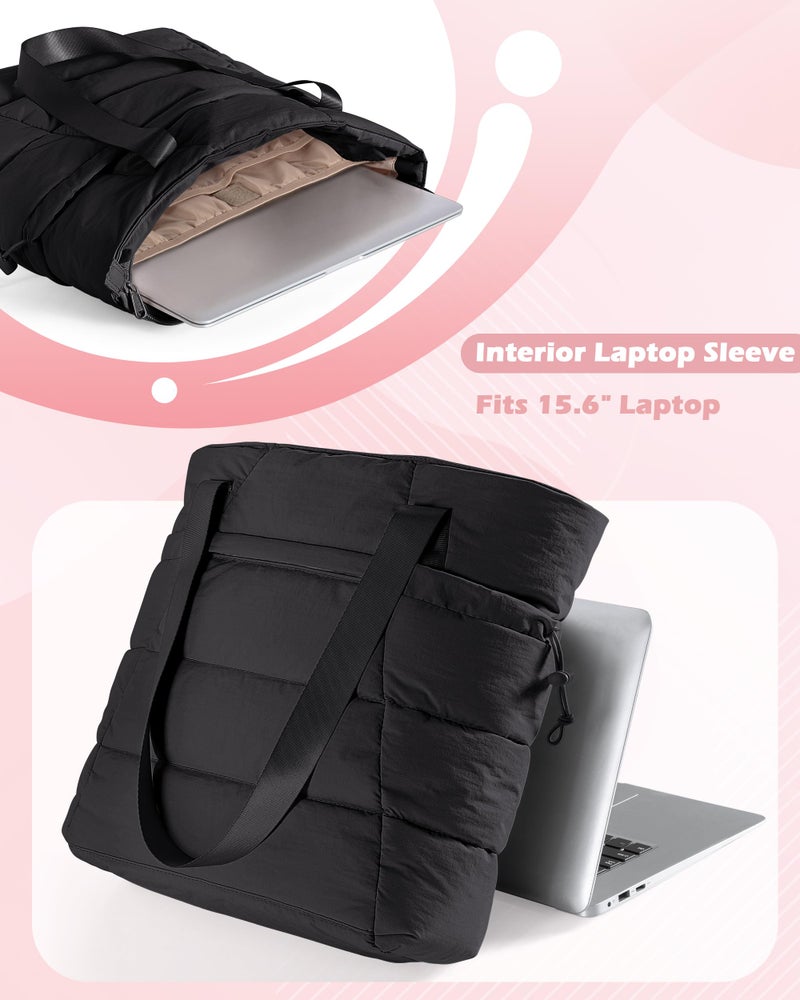 Smasrob Puffer Tote Bag for Women, Lightweight Tote Bag for Work and School, Black - Image 3