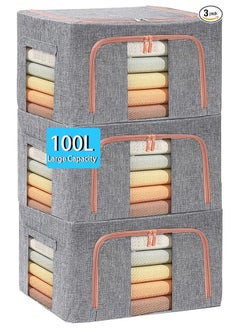Arabest Large Capacity Clothes Storage Bags, Stackable Storage Organizer with Foldable Metal Frame, Zipper, Handles, Clear Window, Gray, 3 Pack,100L)  - Image 1