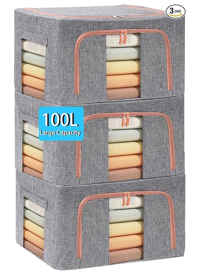 Arabest - Large Capacity Clothes Storage Bags, Stackable Storage Organizer with Foldable Metal Frame, Zipper, Handles, Clear Window, Gray, 3 Pack,100L) - Image 1
