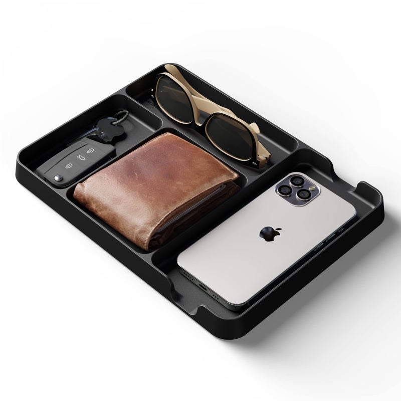 Uncluttered Designs Pocket Deck Valet Tray Black for Men Everyday Carry EDC Caddy Bamboo Organizer Perfect for Night Stand Bedside Dresser Desk Office Bedroom with Phone Charger Storage Slots for Wallet Keys 