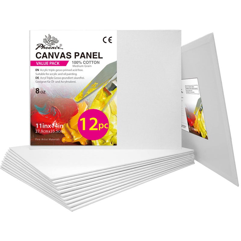 PHOENIX Painting Canvas Panels 11x14 Inch, 12 Value Pack - 8 Oz Triple Primed 100% Cotton Acid Free Canvas Boards for Painting, White Blank Flat Canvas Boards for Acrylic, Oil Paints - Image 1