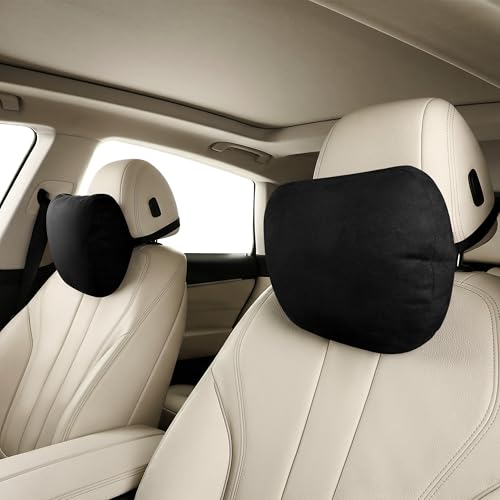 POKSRI 2pcs Car Neck Pillow for headrests,Support Drive Seats Head Cushion Pillows,Superfiber Suede,Plant-Based Polyester,Thickness & Height Adjustable,11.8x7.5,Inner Liner fillable (Black Color) - Image 1