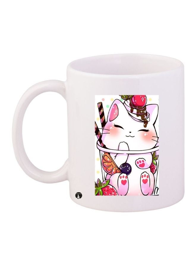 RYN Cat Printed Coffee Mug White/Pink/Green 11ounce