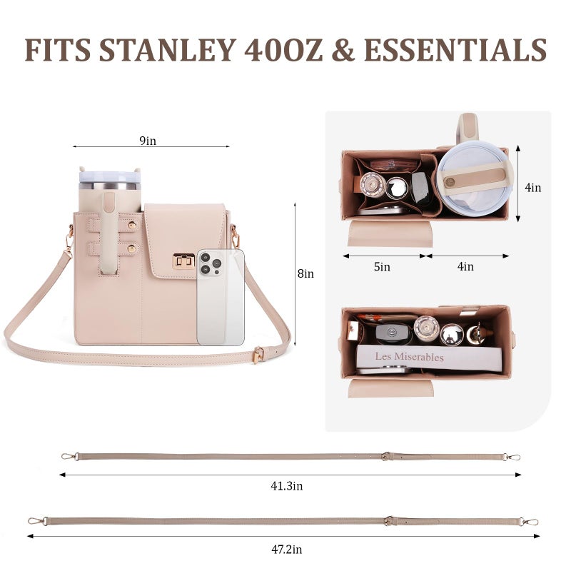 BBIQI Stanley Purse Cup Holder Bag with Strap- Outdoor Portable Crossbody Water Bottle Storage Bag for Stanley Cup Tumbler 40 oz(A-Beige) - Image 5