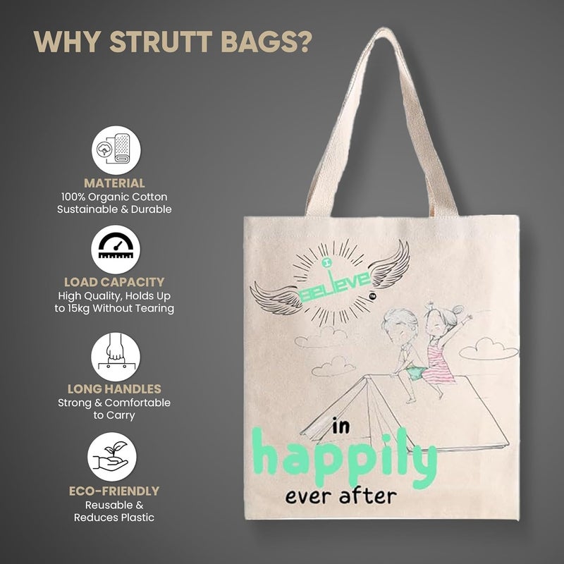 STRUTT Canvas Reusable I Believe Bags|100% Organic Cotton Shopping Bag| Multi-Purpose Eco Friendly|Sturdy Canvas Bag with 15kgs Capacity | College Bag I Daily UseI Single Pack (in Ever After) - Image 2